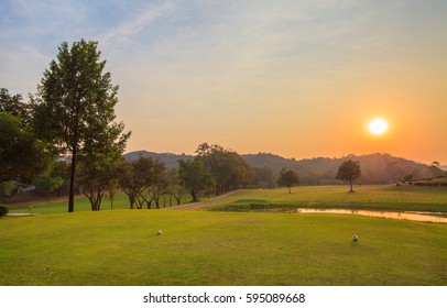 Golf Course At Twilight Sunset.