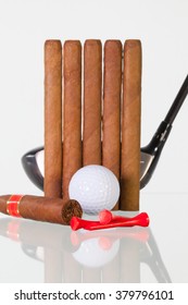 Golf Driver And Different Cigars On A Glass Table