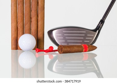 Golf Driver And Different Cigars On A Glass Table