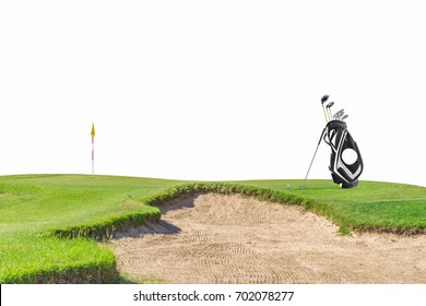 Golf Equipment And Golf Bag ,putter ,ball And Sand Bunker On The Golf Course  
 Isolated.