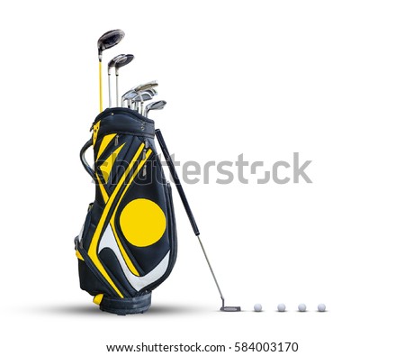 Golf equipment golf ball and golf bag isolated on white background.