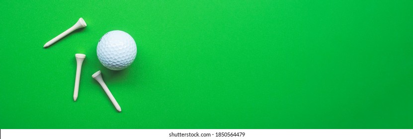 Golf Equipment Flat Lay On Green Background. Top View