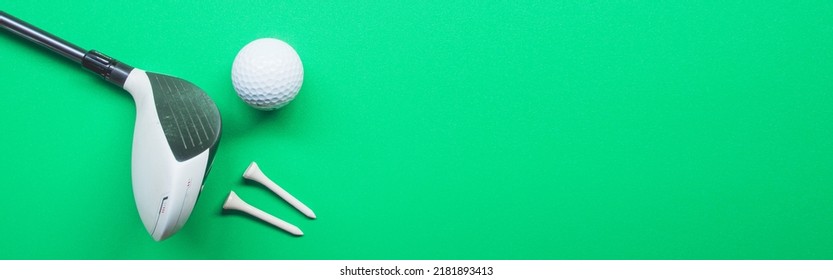 Golf Equipment Flat Lay On Green Background. Top View