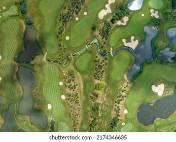 Golf Field Background. Aerial view of green grass and trees on a golf field. Golf course beautiful nature landscape. 