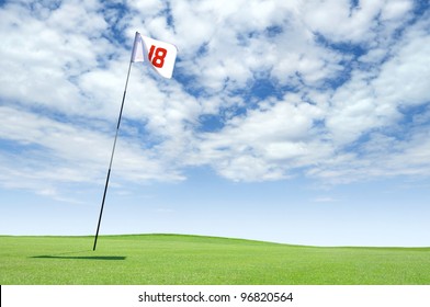 Golf Flag At Hole 18 On The Putting Green