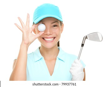 Golf fun. Happy woman golf player showing golf ball holding golf club. Funny cute image of Asian Caucasian female golf player isolated on white background.