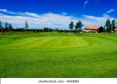 Golf Green And Club House On Swedish Country Side