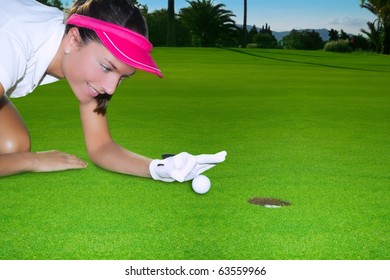 Golf Green Hole Course Woman Humor Flicking Hand A Ball Inside In Short Putt