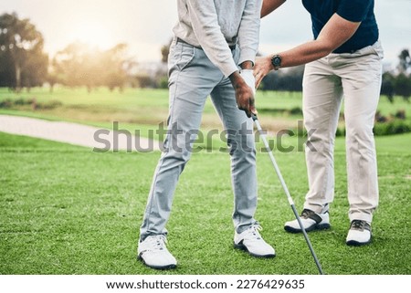 Golf lesson, sports teaching and coach hands helping a man with swing and stroke outdoor. Lens flare, green course and club support of a athlete ready for exercise, fitness and training for a game