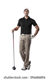 Golf Player In A Black Shirt Standing On A White Background.