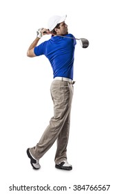 Golf Player In A Blue Shirt Taking A Swing, On A White Background.