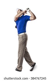 Golf Player In A Blue Shirt Taking A Swing, On A White Background.