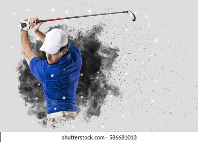 Golf Player with a blue uniform coming out of a blast of smoke .