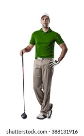 Golf Player In A Green Shirt Standing On A White Background.