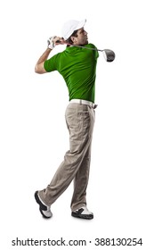 Golf Player In A Green Shirt Taking A Swing, On A White Background.