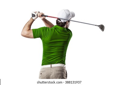 Golf Player In A Green Shirt Taking A Swing, On A White Background.