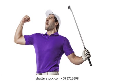 Golf Player In A Purple Shirt Celebrating, On A White Background.