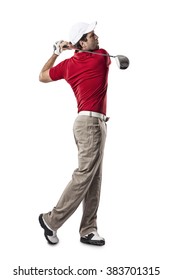 Golf Player In A Red Shirt Taking A Swing, On A White Background.