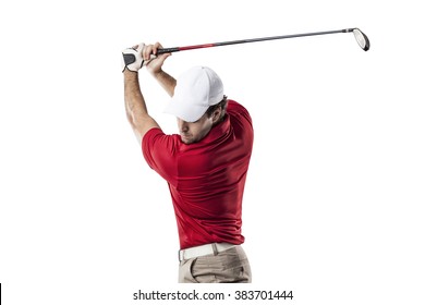 Golf Player In A Red Shirt Taking A Swing, On A White Background.