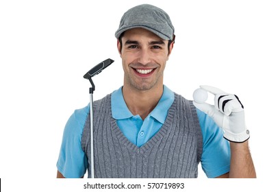 Golf Player Showing Golf Ball And Holding Golf Club On White Background