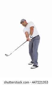 Golf Player Taking A Shot On White Background