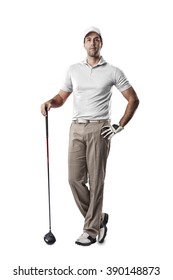 Golf Player In A White Shirt Standing On A White Background.