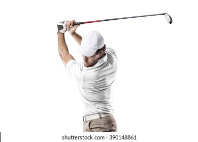 Golf Player In A White Shirt Taking A Swing, On A White Background.