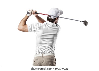 Golf Player In A White Shirt Taking A Swing, On A White Background.