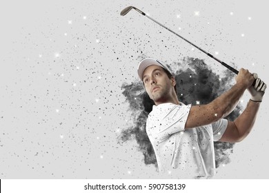 Golf Player with a white uniform coming out of a blast of smoke .