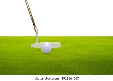 Golf Putter And Golf Ball On Green  Isolated On White Background.