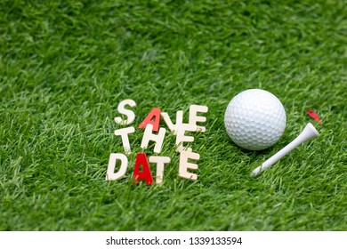 Golf Save The Date With Golf Ball And Tee On Green Grass