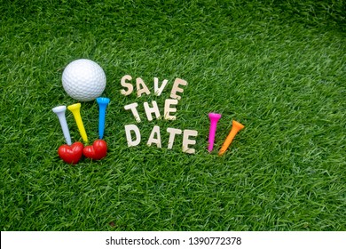 Golf Save The Date With Golf Ball And Tees On Green Grass