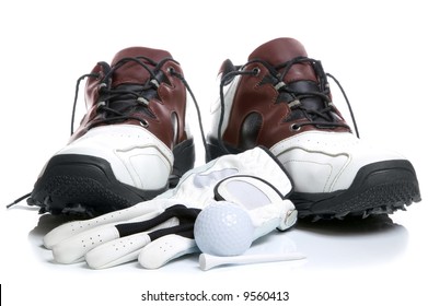 Golf Shoes,Ball,Glove And Tee. Isolated On A White Background.