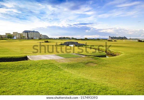 Golf St Andrews old course\
links, fairway and stone bridge on Hole 18. Fife, Scotland, Uk,\
Europe.