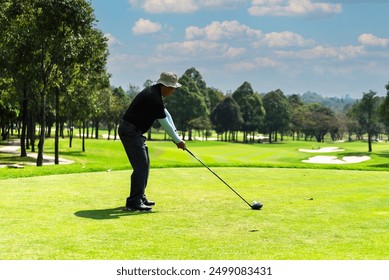 Golfer driver back swing before hitting golf ball down the fairway.
 - Powered by Shutterstock