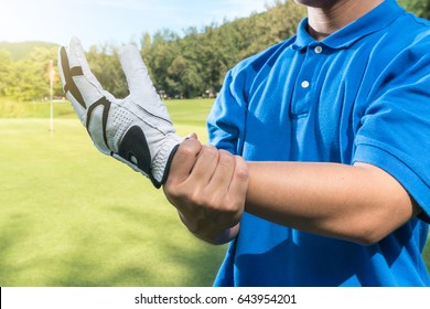 Golfer Hand Wrist Injury, Sport Accident Pain Concept.