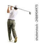 Golfer hit sweeping driver after hitting golf isolated on white background. Clipping path.