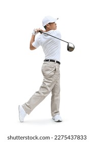 Golfer hit sweeping driver after hitting golf ball isolated on white background. Clipping path.