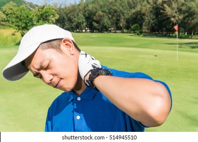 Golfer Neck Pain During The Game, Muscle Injury Concept.