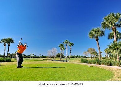 Golfer Teeing Off On Beautiful Florida Course