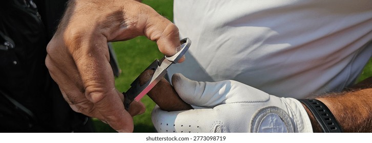 Golfer using a golf tee on the course during a sunny day, preparing for his next shot