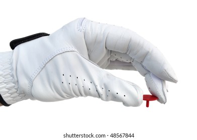 Golfer Wearing Golf Glove Holding A Red Ball Marker