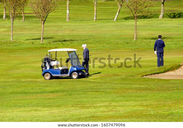 golfers on the course\
with golf machine