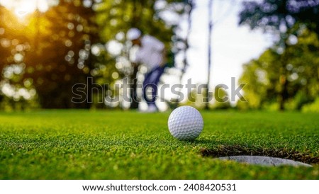 Golfers are putting golf in the evening golf course golf backglound. Golfer hitting golf ball. Sport holiday lifestyle Concept.                               