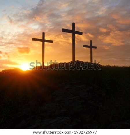 Golgota, Place of Jesus' crucifixion. Empty cross, Resurrection. Easter, third day.