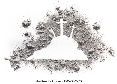 Golgotha hill with three cross and calvary of Jesus drawing in ash or dust as Ash wednesday, Lent, easter or Good friday concept, Way of the croos 
