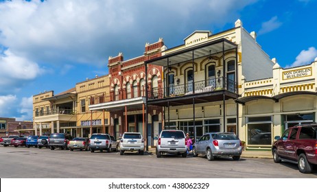 GOLIAD, TEXAS - JUNE 11 2016: Typical Texas Buildings On The Town Square In Goliad Texas