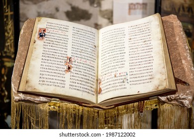 Golubac,Serbia-September 09,2020:A replica of an old book on display. Miroslav's Gospel, Divine inspiration exhibited in close up in Golubac fortress.