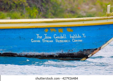 GOMBE STREAM NATIONAL PARK, TANZANIA - JUNE 13: A Boat Of The Jane Goodall Institute On June 13, 2013 In Gombe Stream National Park. This Organization Aims To Protect The Great Apes And Their Habitats