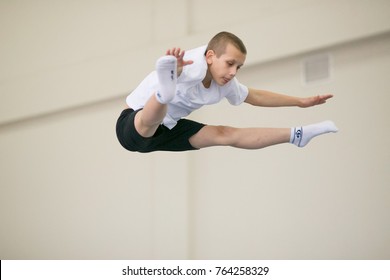 GOMEL, BELARUS - 25 November 2017: Freestyle competitions among young men and women in 2005-2007. In the program, trampoline and gymnastic path